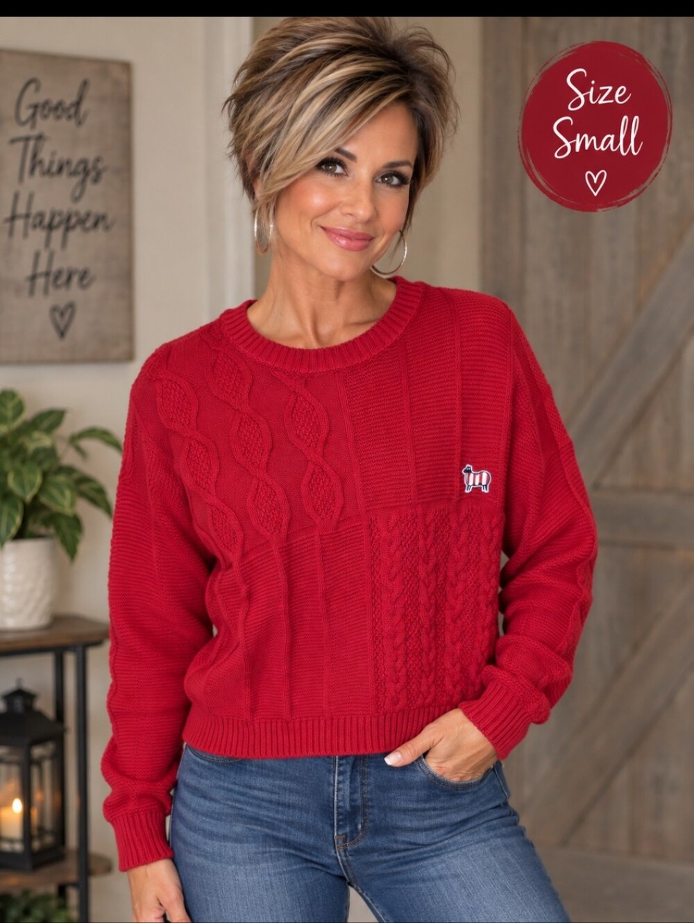 Red Oversized  Cable Knit Crewneck Sweater - United Colors Of Bentton